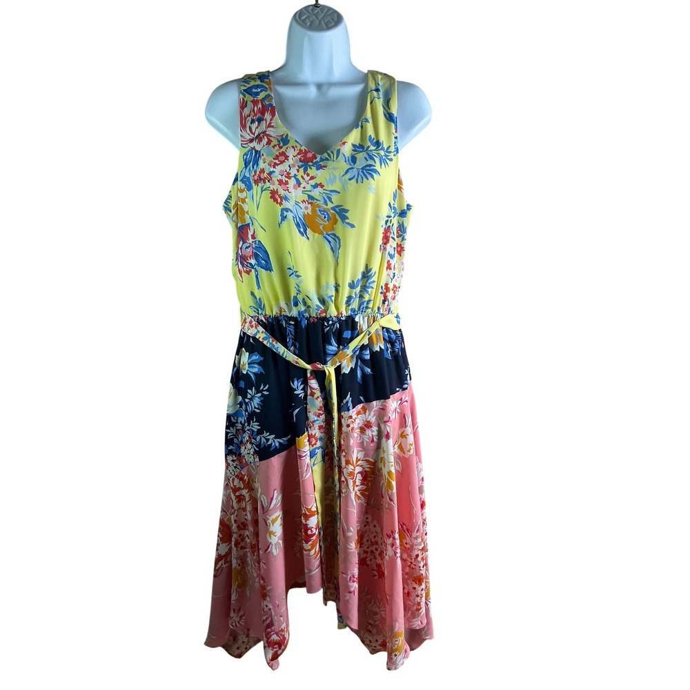 MSK Floral Colorblock Handkerchief Hem Midi Dress Yellow Navy Pink Large